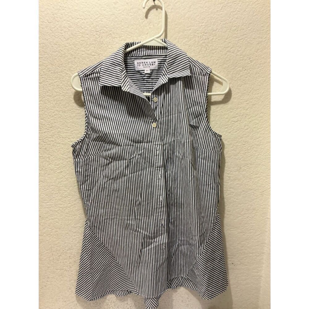 10 Crosby Derek Lam Black and White Striped Sleeveless Button-Down Shirt
